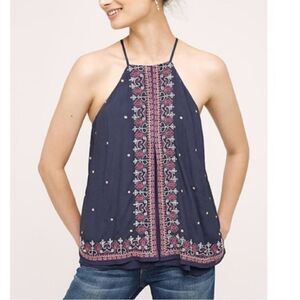 Anthropologie Floreat Midnight Flower Blue Embroidered Boho Split Front Back Top